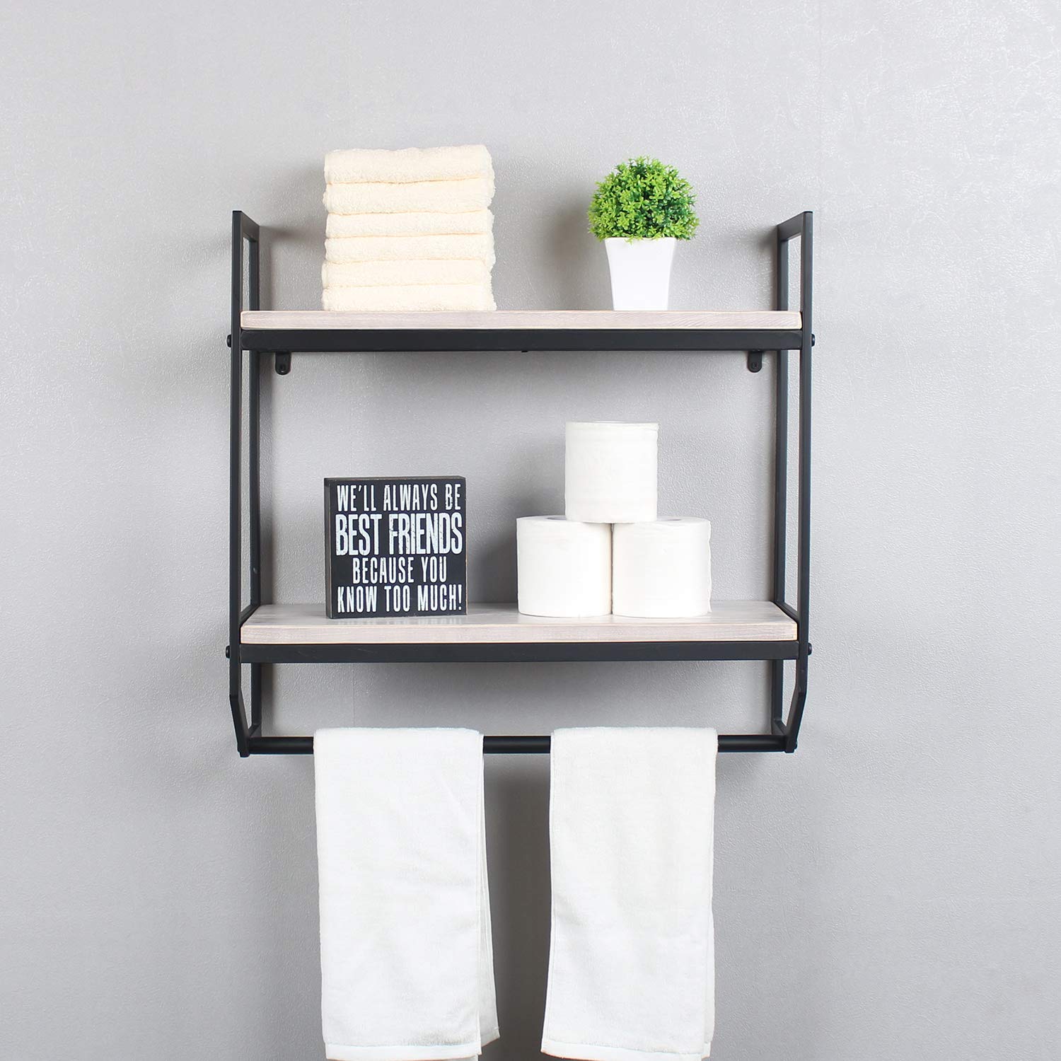 2-Tier Metal Industrial 23.6'' Bathroom Shelves Wall Mounted Rustic Wall Shelf Over Toilet Towel Rack with Towel Bar Utility Storage Shelf Rack  Floating Shelves Towel Holder Retro White